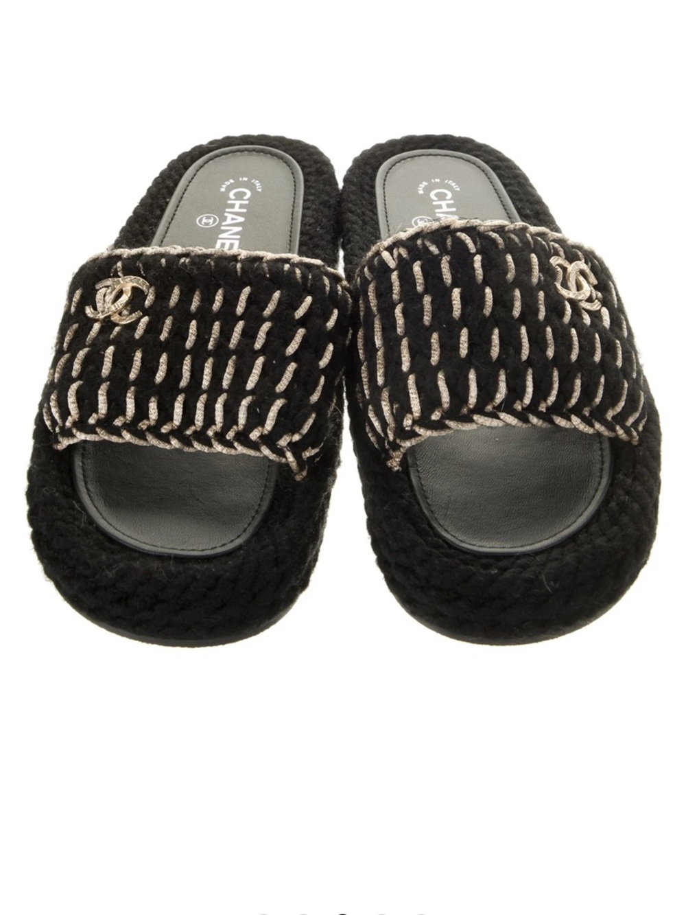 CHANEL Black & Gold Braided Flat Sandals, Knitted Wool Braided Slide Mules 37.5 - Picture 2 of 15